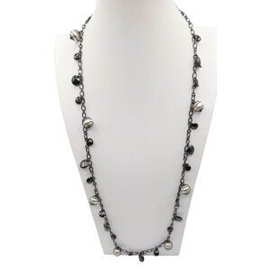 PREMIER DESIGNS Long Station Gunmetal Necklace Faux Pearl Dangle Charm Whimsigot